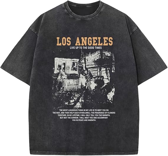 Oversized Graphic Tshirts for Men Acid Wash Los Angeles Vintage Tees Streetwear Baggy Cotton Shirts Casual Tops