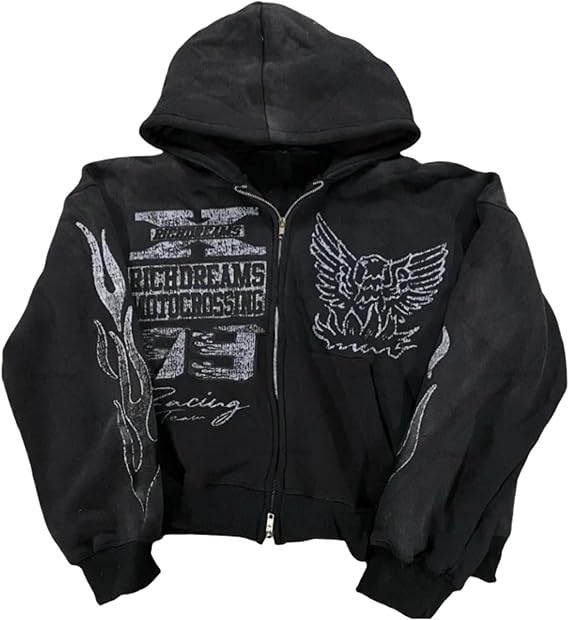 Zip Up Hoodie Grunge Jackets Streetwear Y2k Unisex Emo Vintage 2000s Outerwear Oversized Graphic Hoodies Star Rapper