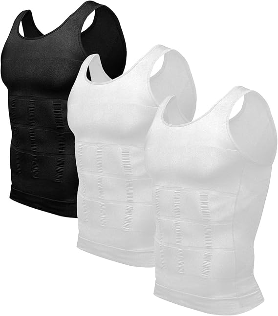 Odoland 3 Pack Men Compression Shirt Body Shapewear Base Layer Tummy Shaper Vest Tank Top